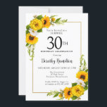 Convite Sunflower Daisy aniversário de 30 anos Surprise Pa<br><div class="desc">Bonito convite para o aniversário de 30 anos floral amarelo de girassol. Peônias amarelas e margaridas brancas se misturam com os girassóis. Um quadro retangular de ouro lhe dá uma vibração elegante. Muito fácil de personalizar. Essa parte de trás é branca com um buquê de girassol. Isto é perfeito para...</div>