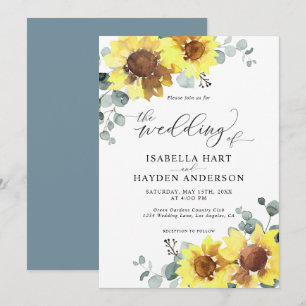 Convite Sunflower Dusty Blue Floral Eucalyptus Weding