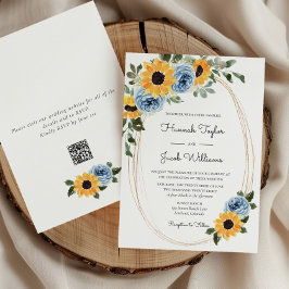 Convite Sunflower Dusty Blue Rustic Código QR Casamento