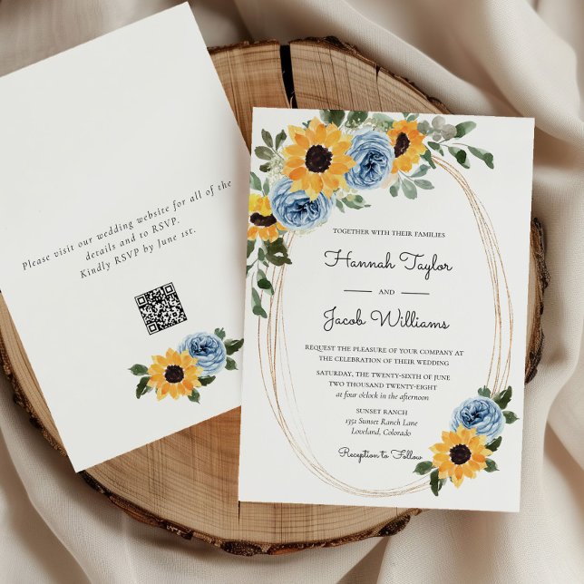 Convite Sunflower Dusty Blue Rustic Código QR Casamento (Criador carregado)
