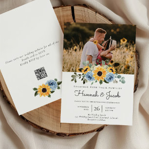 Convite Sunflower Dusty Blue Rustic Photo Código QR Casame