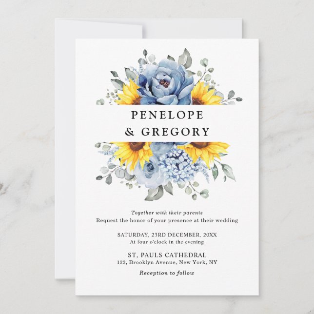 Convite Sunflower Dusty Blue Slate Peony Casamento Floral (Frente)