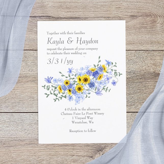 Convite Sunflower e Light Blue Rose Bouquet Weding (yellow sunflowers and dusty blue roses wedding invitations, sunflower bouquet)