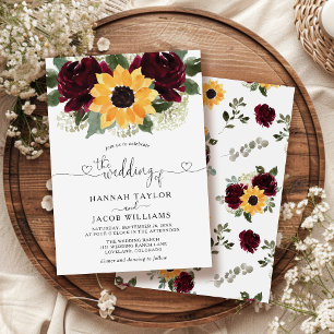 Convite Sunflower e Rosas Casamento Vermelho Borgonha