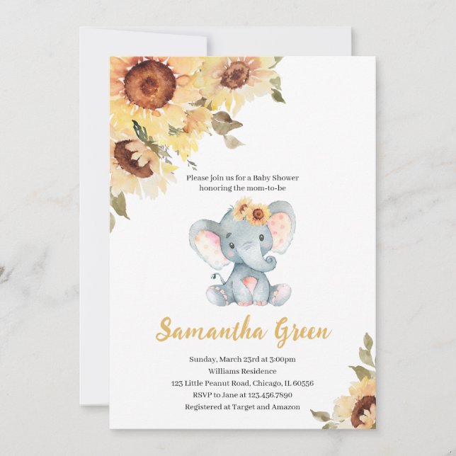 Convite Sunflower Elephant Baby Shower (Frente)