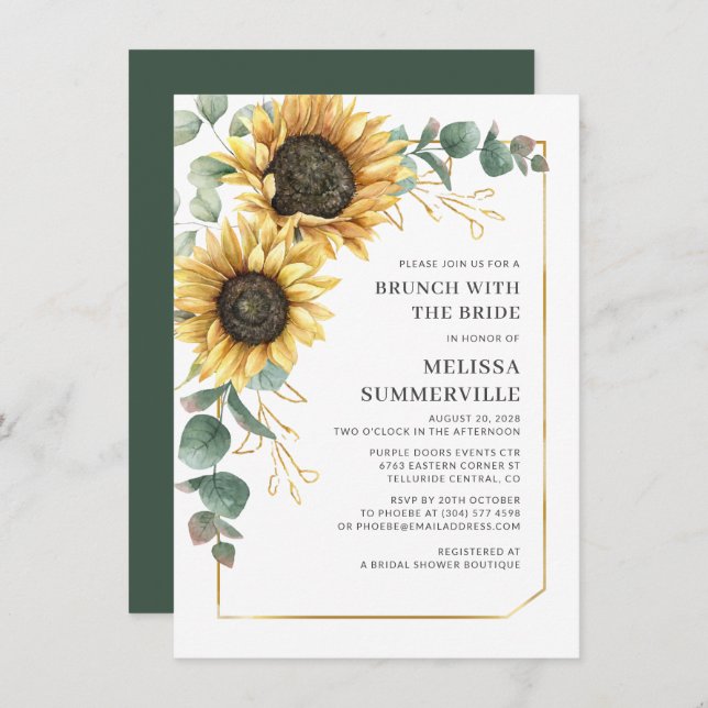 Convite Sunflower Eucalyptus Brunch com Bride Greenery (Frente/Verso)