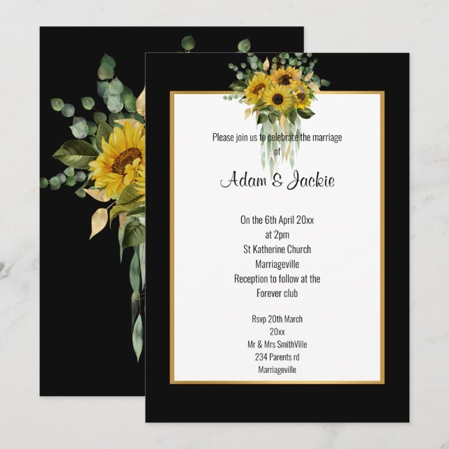 CONVITE SUNFLOWER EUCALYPTUS DOURADO TRIM ELEGANTE WEDDING (Frente/Verso)