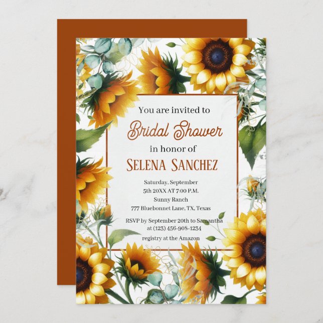 Convite Sunflower Eucalyptus Floral Chá de panela (Frente/Verso)