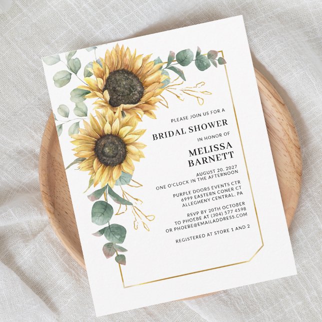 Convite Sunflower Eucalyptus Floral Chá de panela (Botanical Floral Sunflower Eucalyptus Script First Last Name Bridal Shower Invitation)