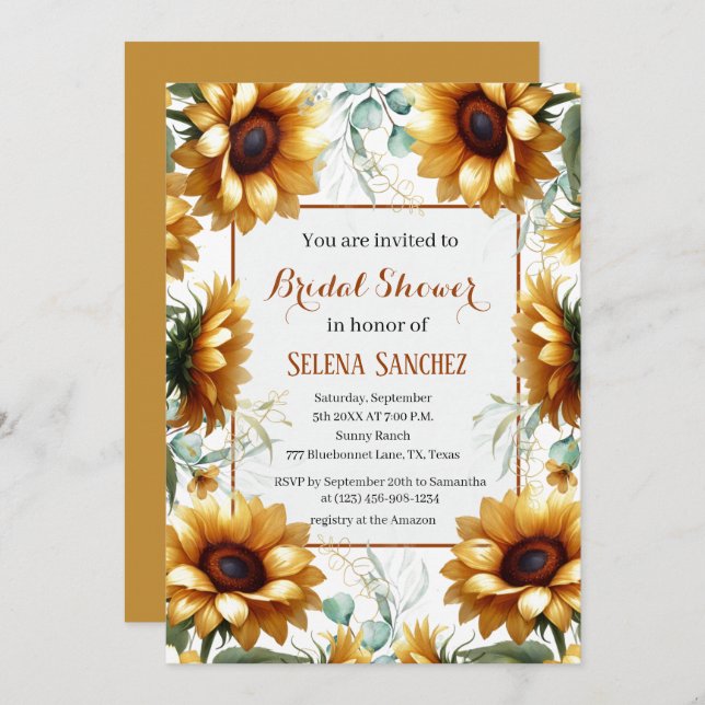 Convite Sunflower Eucalyptus Floral Chá de panela (Frente/Verso)