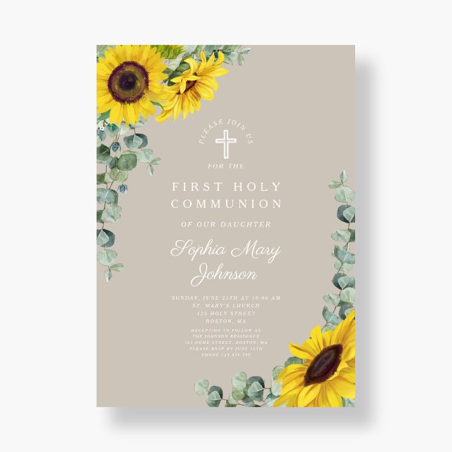 Convite Sunflower Eucalyptus Taupe Cross Primeira Comunhão (Sunflower Eucalyptus Taupe Cross First Communion Invitation)