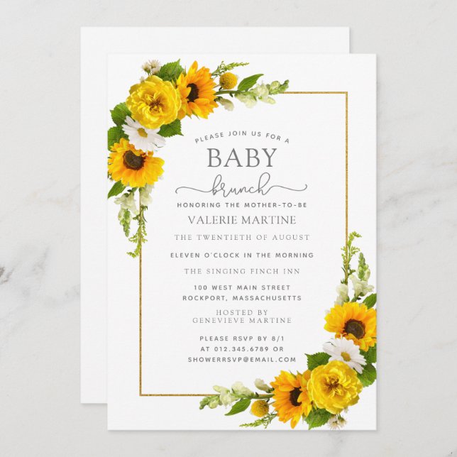 Convite Sunflower Floral Baby Brunch Amarelo (Frente/Verso)