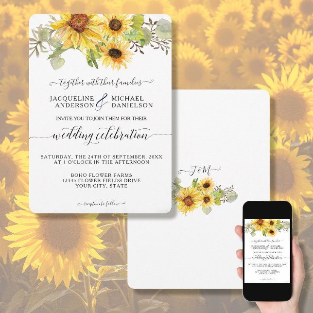 Convite Sunflower Floral BOHO Chic Eucalyptus Leaf Weding (Criador carregado)