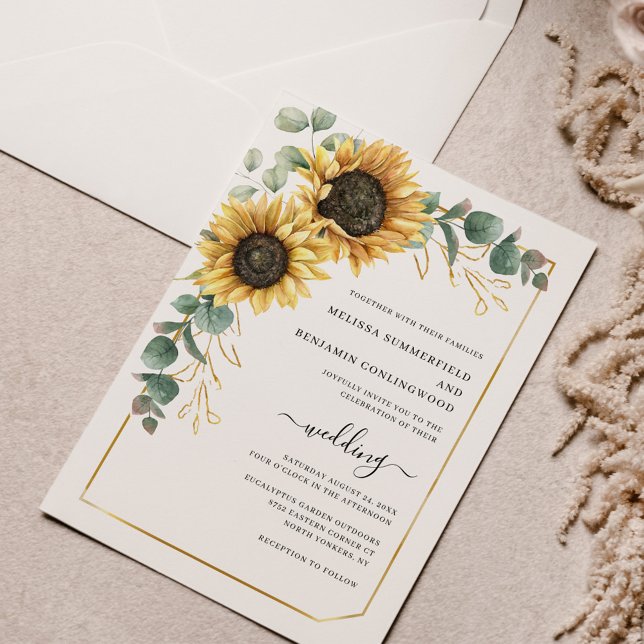 Convite Sunflower Floral Eucalyptus Wedding (Sunflower Floral Eucalyptus Wedding Script Watercolor Invitation)