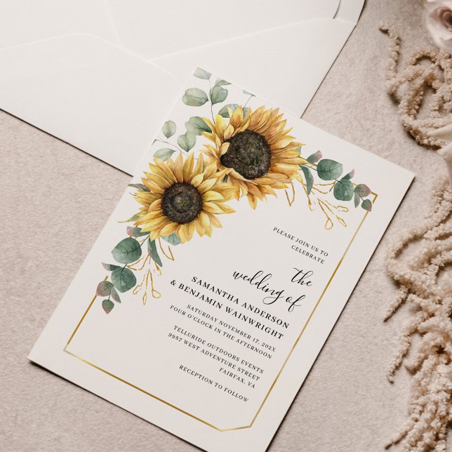 Convite Sunflower Floral Eucalyptus Wedding (Floral Sunflower Eucalyptus Watercolor Wedding Invitation)