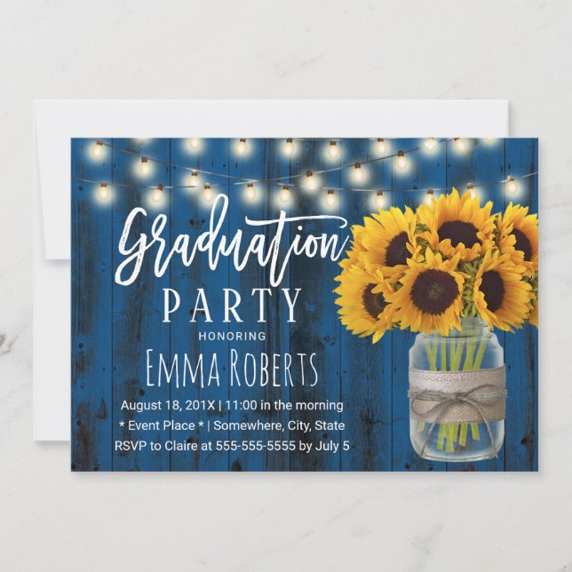 Convite Sunflower Floral Jar Marinho Rústico Graduação (Frente)