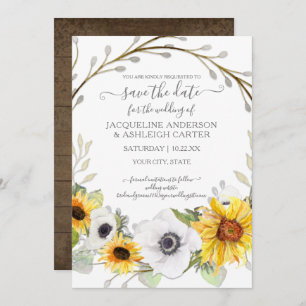 Convite Sunflower Floral Rustic Watercolor Salvar Data