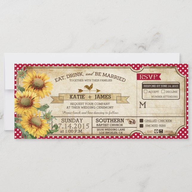 Convite Sunflower Gingham Check Country Picnic Casamento (Frente)
