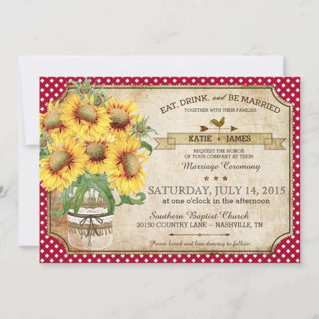 Convite Sunflower Gingham Cheque Casamento de Piquenique n (Frente)