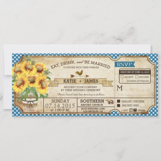 Convite Sunflower Gingham Cheque Casamento de Piquenique n (Frente)