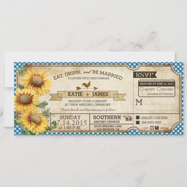 Convite Sunflower Gingham Cheque Casamento de Piquenique n (Frente)