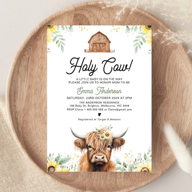 Convite Sunflower Highland Cow Santa Chá de fraldas (Holy Cow Baby Shower Invitation, Gender Neutral Baby Shower Invite, Highland Cow, Yellow Sunflowers )