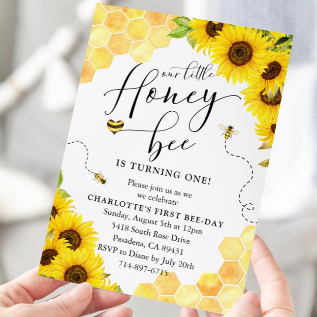 Convite Sunflower Honey Bee Primeiro Aniversário (Criador carregado)