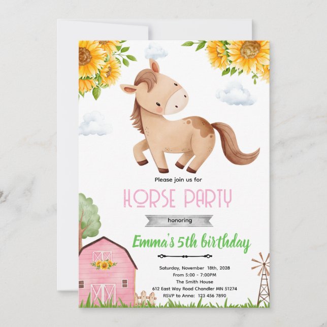 Convite Sunflower horse birthday party invitation (Frente)