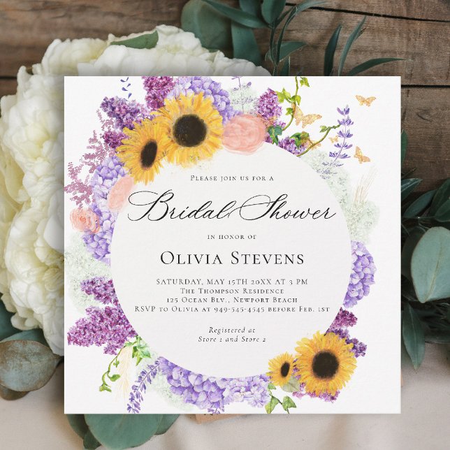 Convite Sunflower Lilac Butterflies Floral Bridal Shower (bridal shower invitation sunflowers lilac butterflies boho romantic purple gold pink)