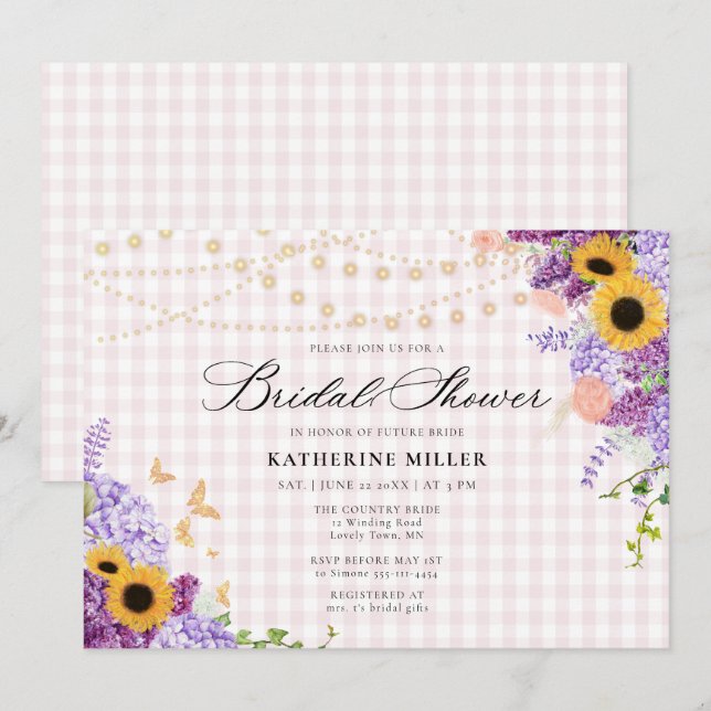 Convite Sunflower Lilac Pink Gingham Rustic Bridal Shower (Frente/Verso)