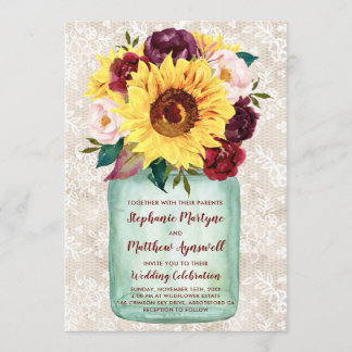 Convite Sunflower Mason Jar Burgundy Floral Lace Casamento