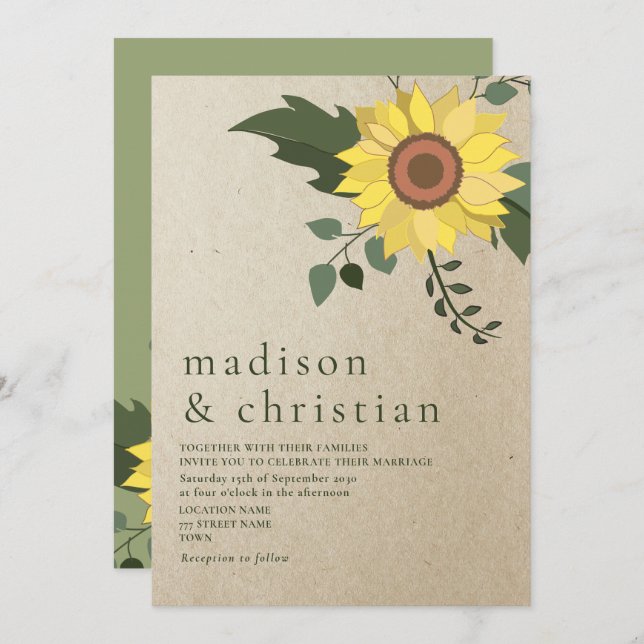 Convite Sunflower Modern Sage Green Wedding (Frente/Verso)