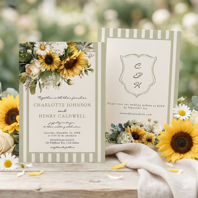 Convite Sunflower Monogram Crest Wedding  (Criador carregado)