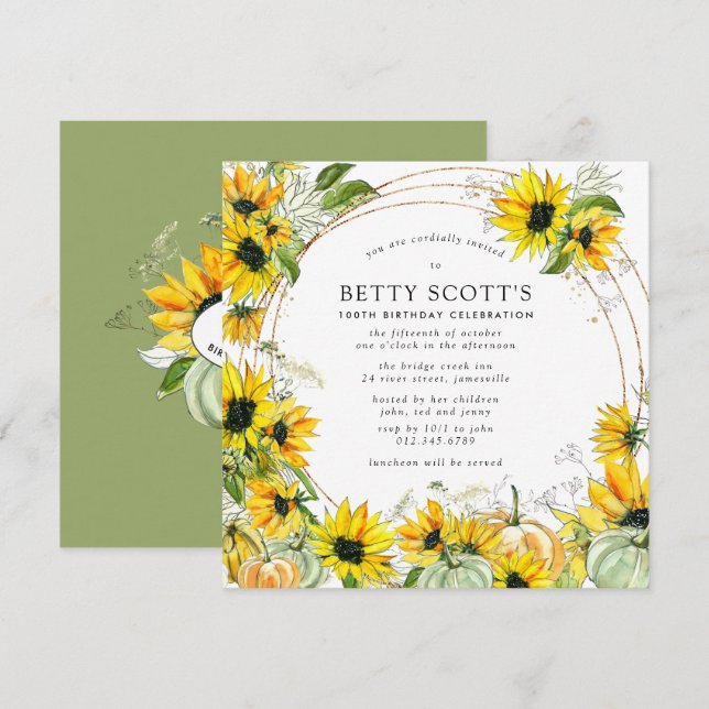 Convite Sunflower Pumpkin Autumn 100th Square Aniversário (Frente/Verso)