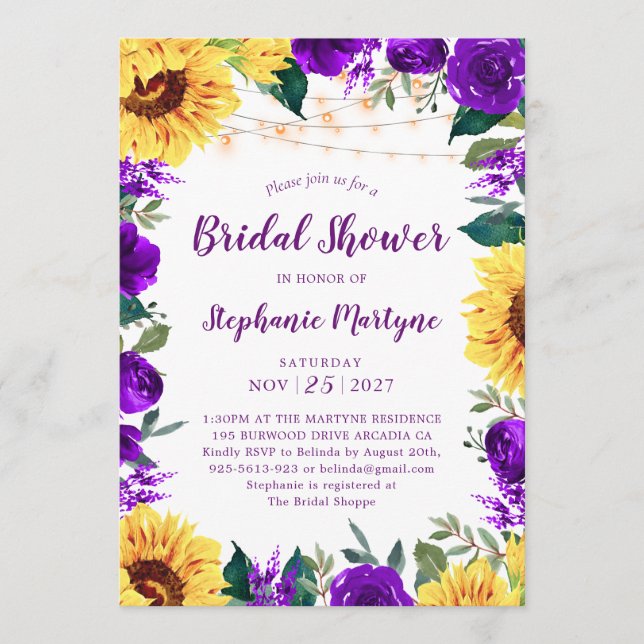 Convite Sunflower Purple Floral Border Light Bridal Shower (Frente)