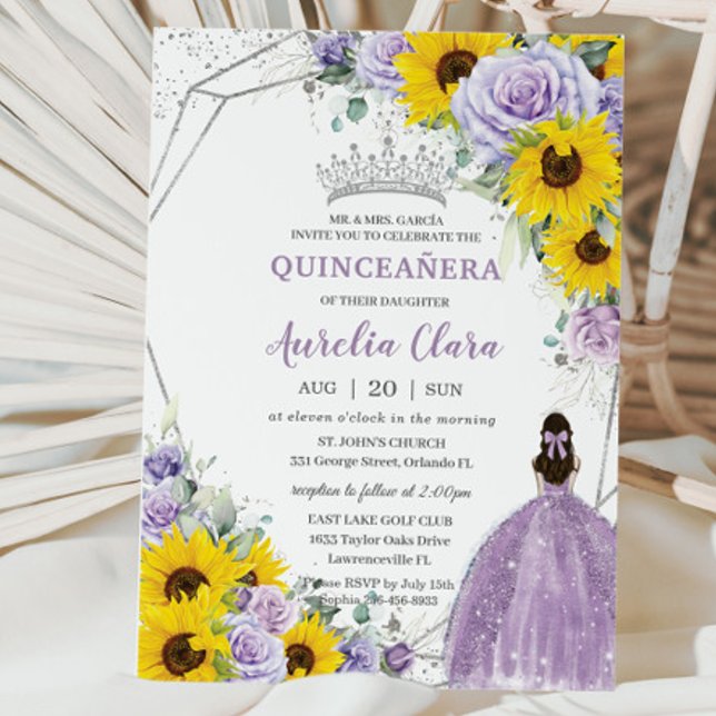 Convite Sunflower Purple Floral Princess Gown Quinceañera (Criador carregado)