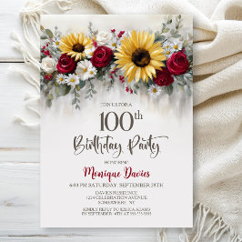 Convite Sunflower Red Rose Floral 100th Birthday Party