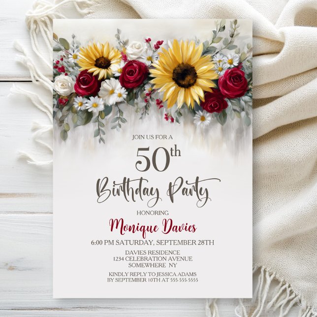Convite Sunflower Red Rose Floral 50th Birthday Party (Criador carregado)