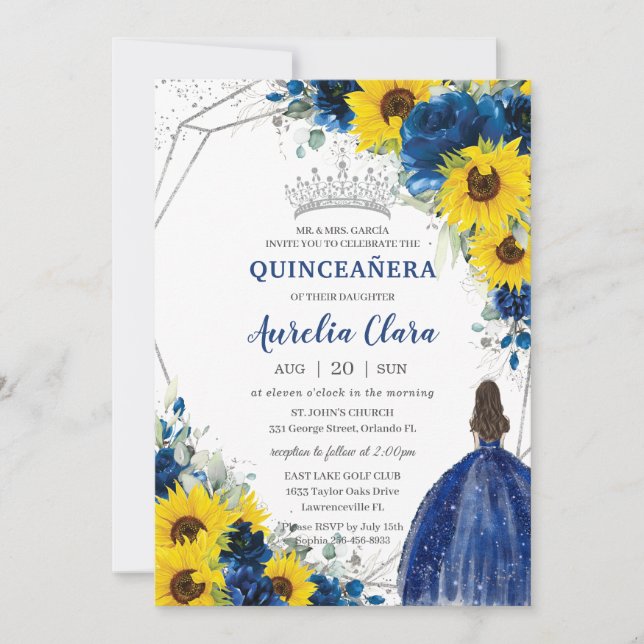 Convite Sunflower Royal Blue Floral Princesa Quinceañera (Frente)