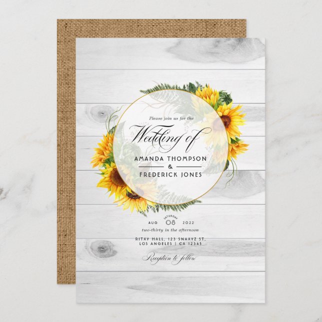 Convite Sunflower Rustic Country Barn Código QR RSVP Casam (Frente/Verso)