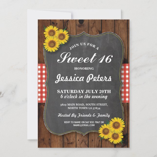 Convite Sunflower Rustic Sweet 16 Party Chalk Wood Invite (Frente)