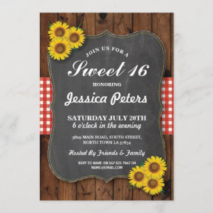 Convite Sunflower Rustic Sweet 16 Party Chalk Wood Invite