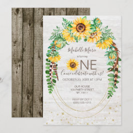 Convite Sunflower Rustic Wood Luz Primeiro Aniversário