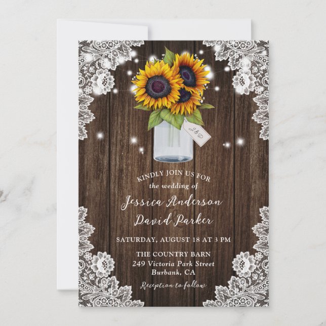 Convite Sunflower Rustic Wood Mason Jar Wedding (Frente)