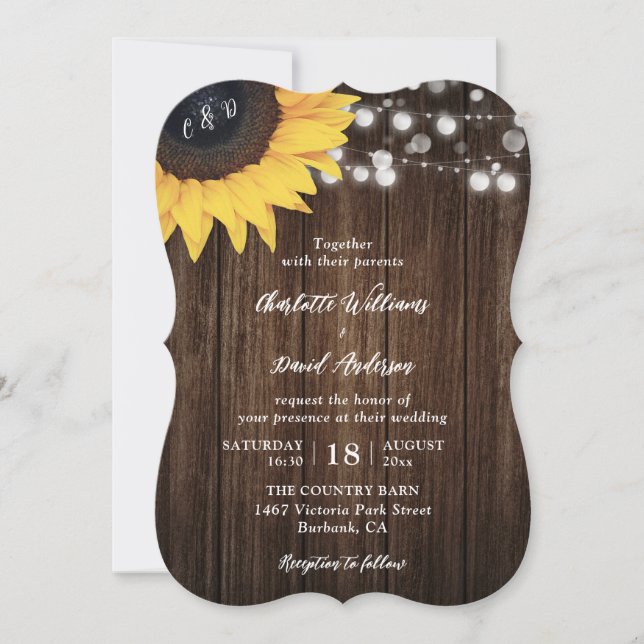 Convite Sunflower Rustic Wood String Luzes Casamento (Frente)