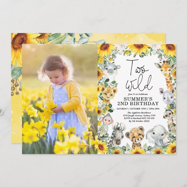 Convite Sunflower Safari - Foto de aniversário selvagem (Frente/Verso)