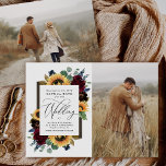 Convite Sunflower Save the Date Photo Rustic Country Cards<br><div class="desc">2 Modelo de foto por padrão — um na frente e atrás. Você pode excluir o verso se quiser apenas uma foto e tiver um fundo branco comum ou adicionar um fundo de sua escolha. Design apresenta elegantes rosas de aquarelas, peônias, flores silvestres e girassóis em vários tons de vermelho-burgundy,...</div>