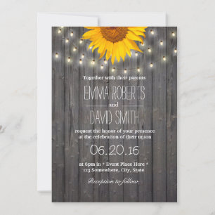 Convite Sunflower & String Lights Barn Wood Casamento