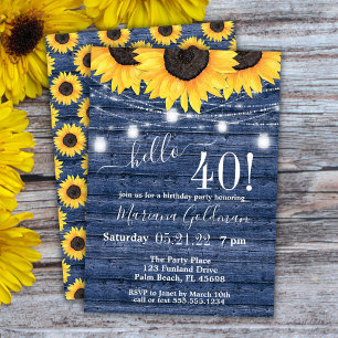 Convite Sunflower String Luzes Azul aniversário de 40 ano