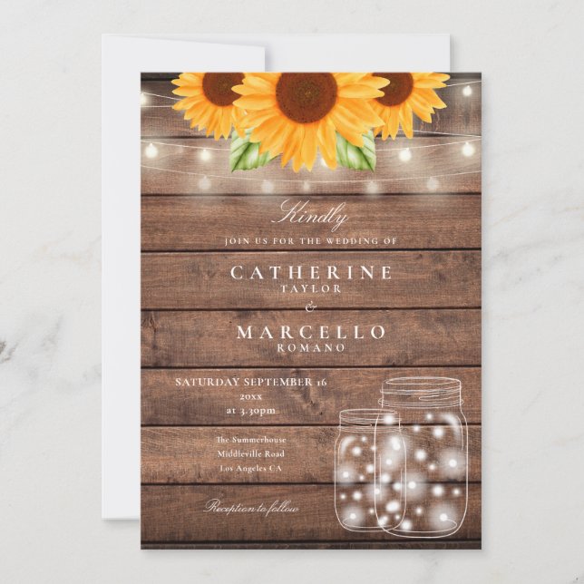 Convite Sunflower String Luzes Mason Jar Rustic Weding (Frente)